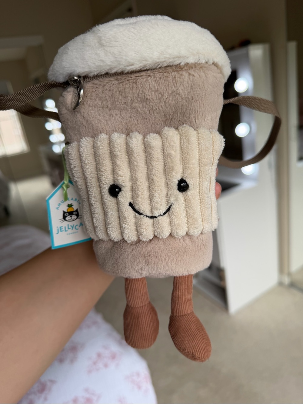 Jellycat Cream & Tan Plush Coffee Cup Crossbody Bag with Smiley Face
